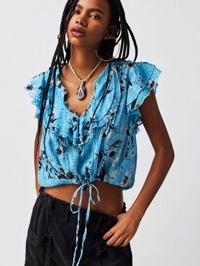 FP One Blue Floral Gauze Ruffle Tie Front Boho Peasant Top XS/P